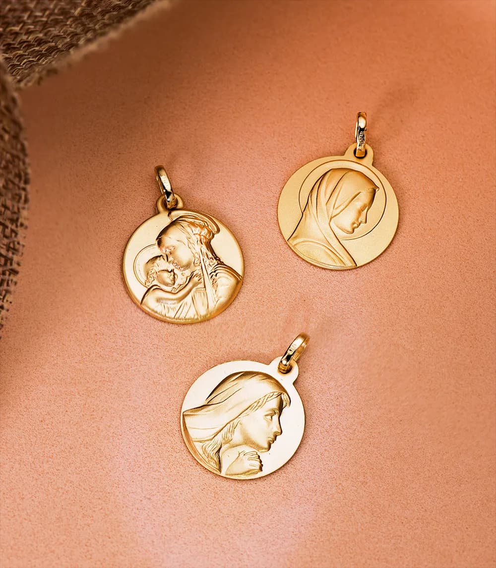 Médaille Ronde Vierge à l'Enfant en Or Jaune 750